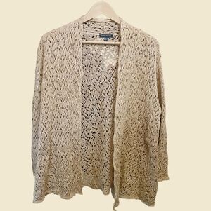 EILEEN FISHER Open Crochet Linen Blend Cardigan Gold Metallic Medium Party NYE
